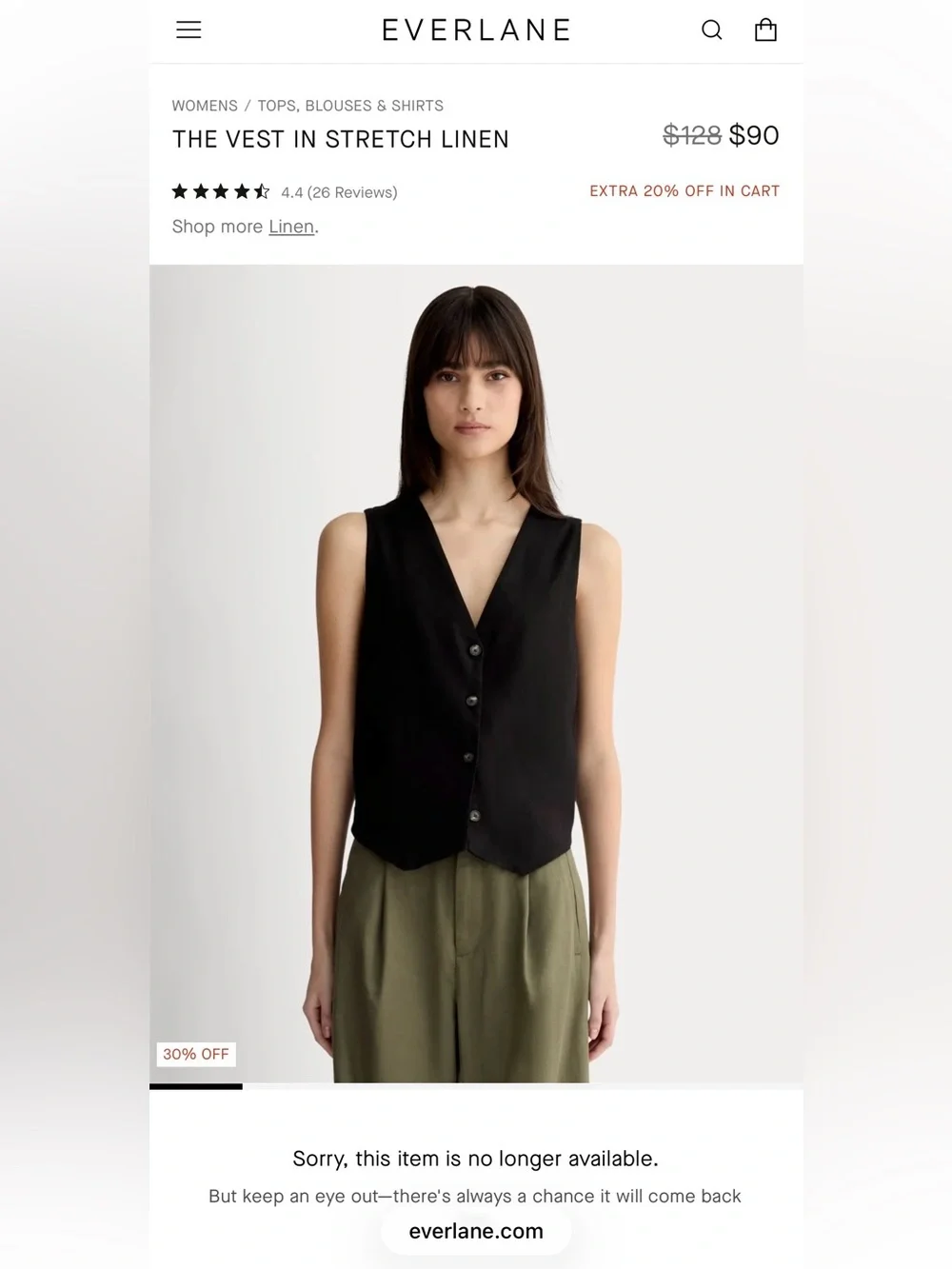 Everlane The Vest in Stretch Linen - 0 Black NWOT New